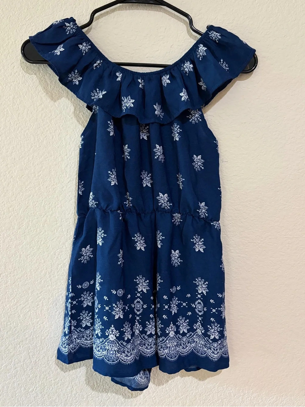 Heart & Arrow Girls Size 12 Navy Blue Floral Romper Ruffle Off Shoulder Boho